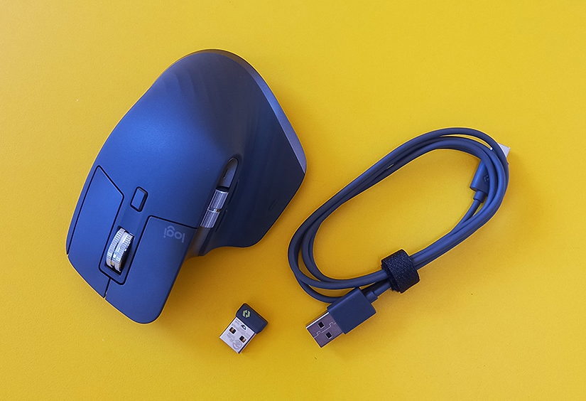 Cette souris sans fil premium Logitech est accompagnée d'un câble de chargement et d'un dongle. 